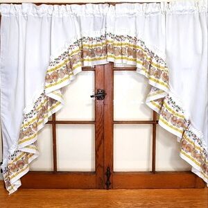 Vintage 70s Mushroom Curtains White Scalloped Ruffle Cherry Currant Food Kitschy